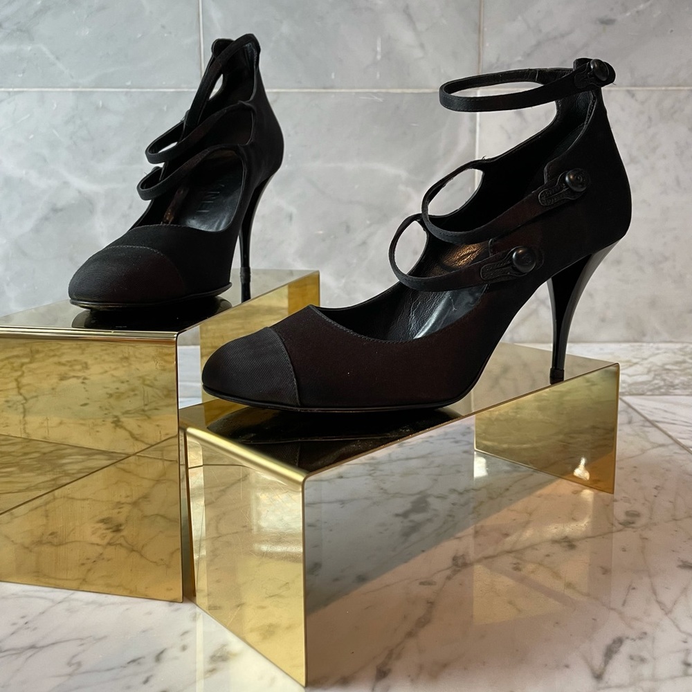 🌹CHANEL Black Satin Mary Jane Heels Size 37